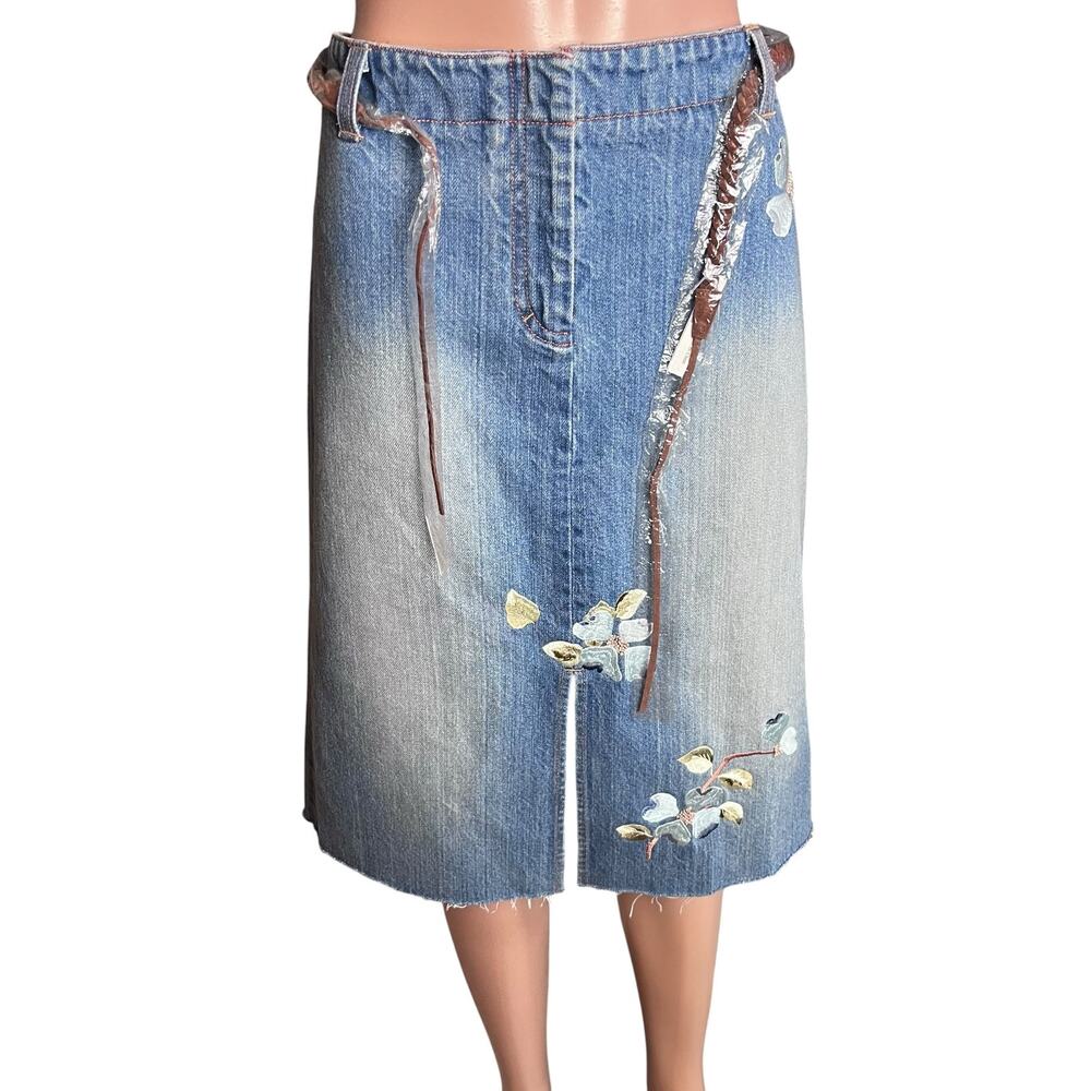 Kenneth Cole NY Embroidered Denim Midi Skirt 8 New With Tags Belted Cottagecore